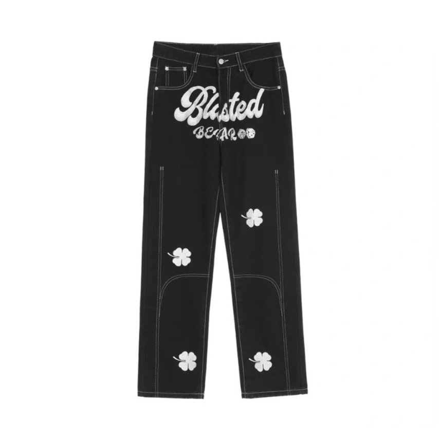 Letter Lucky Clover Embroidered Baggy Jeans