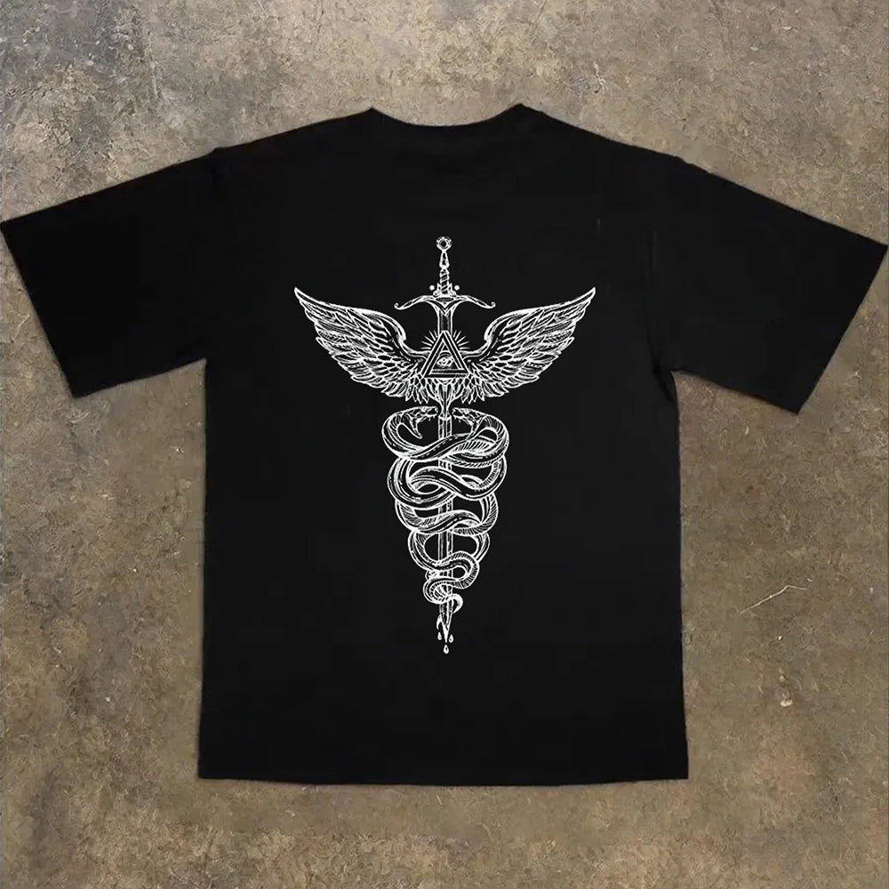 "Hip-hop cool angel snake sword pattern high street" T-shirt