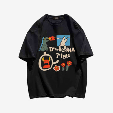 "Style trendy fun cartoon dinosaur rabbit print" T-shirt