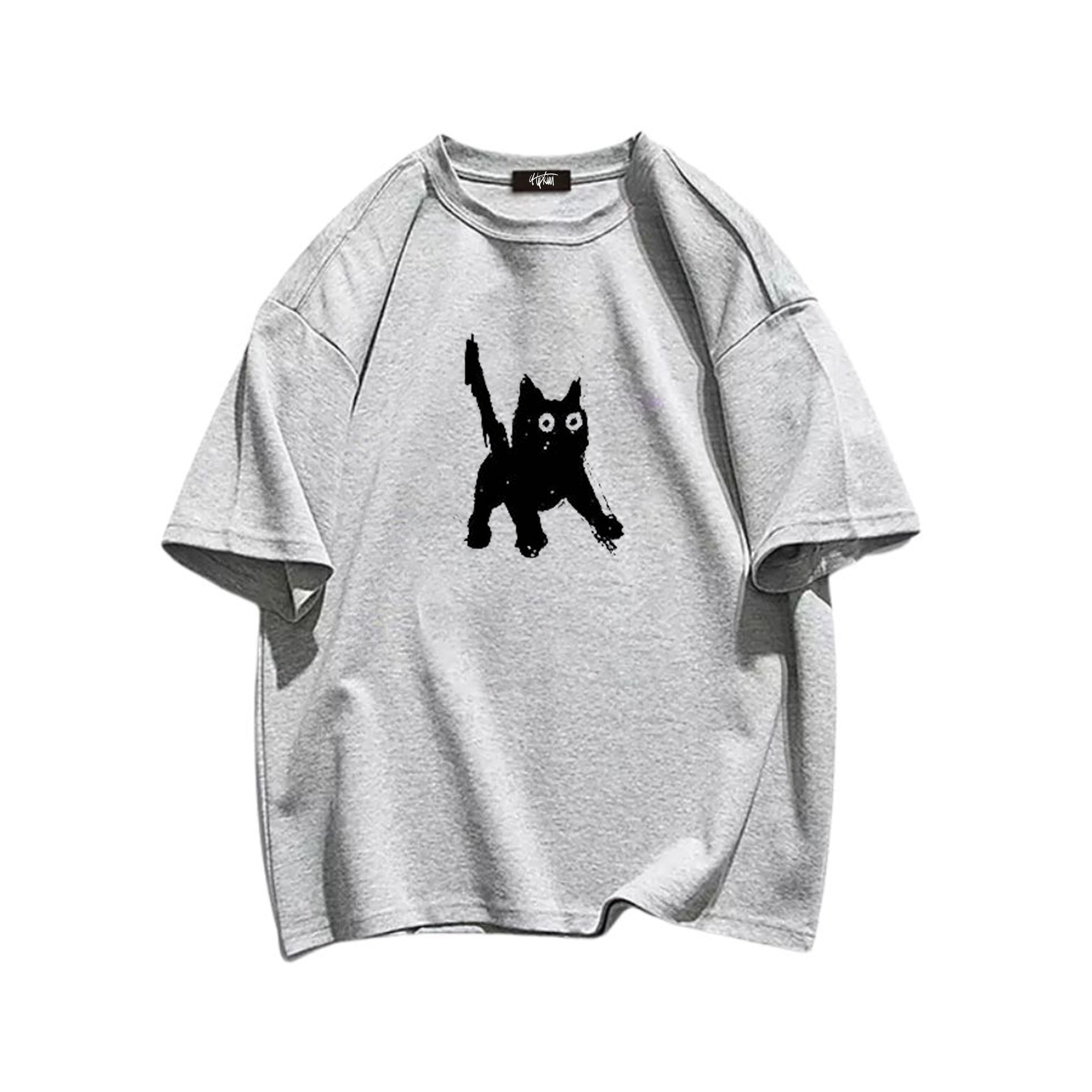 "Casual retro high street loose cartoon black kitten" T-shirt