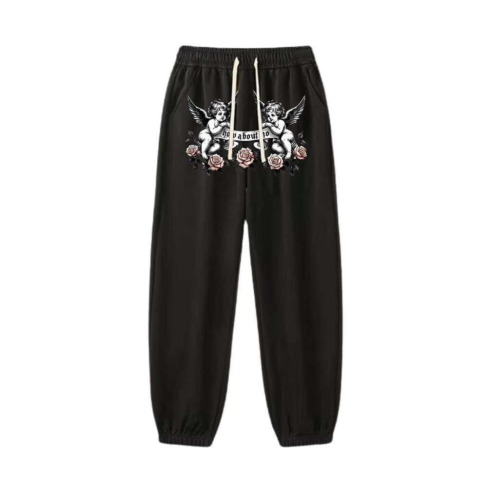 "Casual high street simple retro cartoon angel flowers dark" Sweatpants