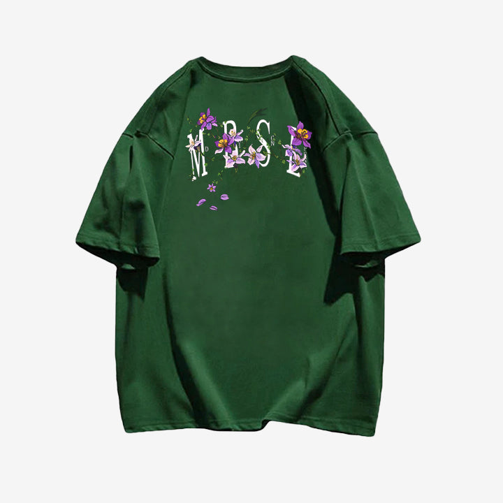 "Casual hip-hop retro high street English flower design" T-shirt