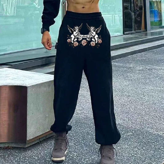 "Casual high street simple retro cartoon angel flowers dark" Sweatpants