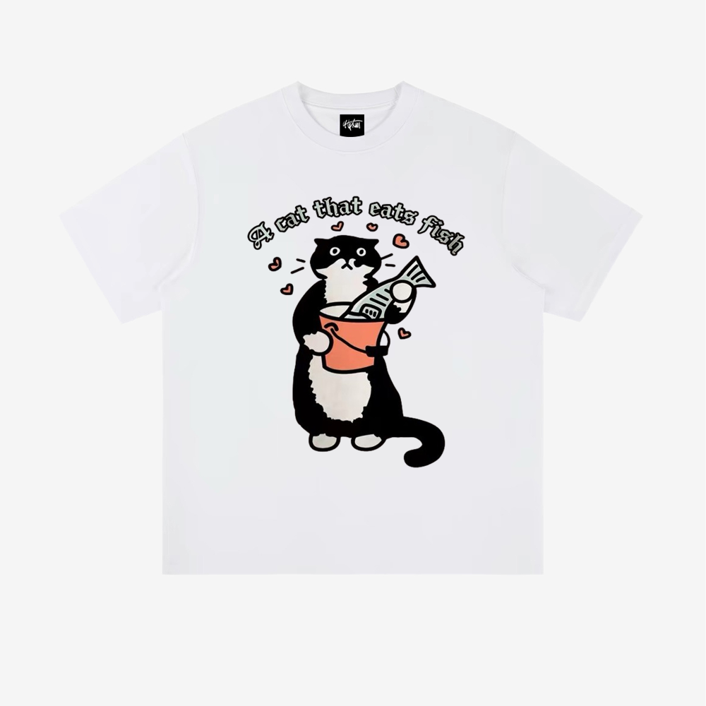 “Urban retro creative cat eating fish cartoon print” T-shirt