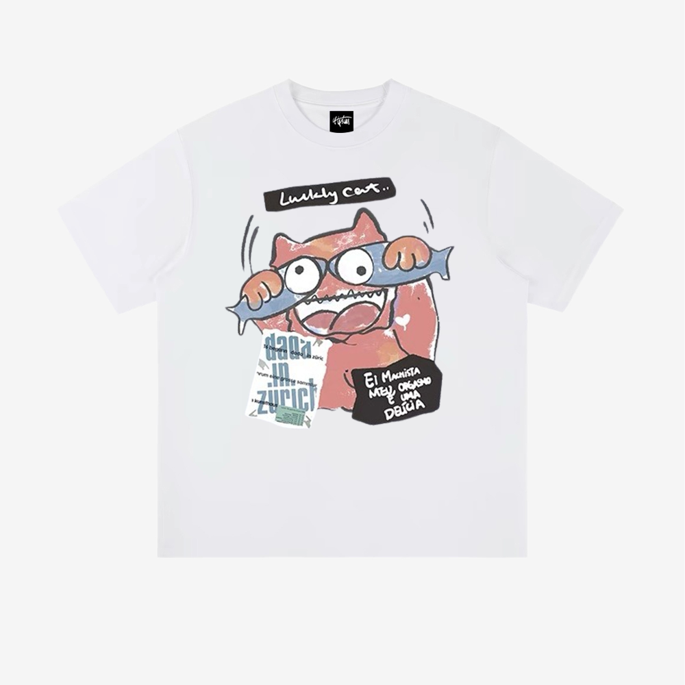 “Cartoon American cat fish eye letter hand-painted print” T-shirt