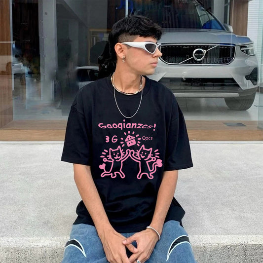 "Casual retro high street loose cartoon happy kitten" T-shirt