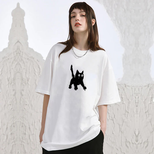 "Casual retro high street loose cartoon black kitten" T-shirt