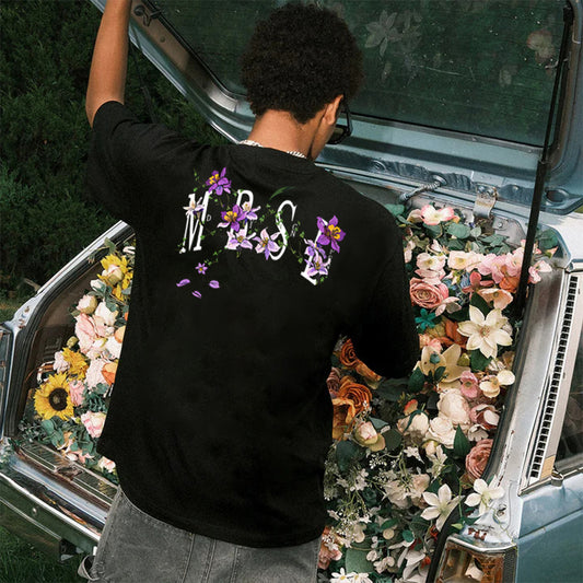 "Casual hip-hop retro high street English flower design" T-shirt