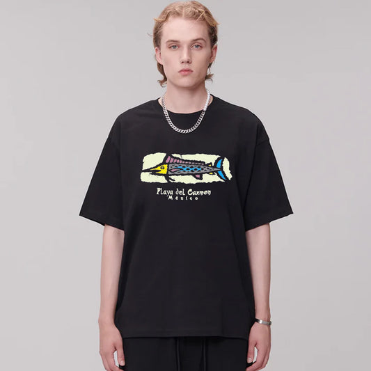 "Style trendy cartoon deep sea swordfish print" T-shirt