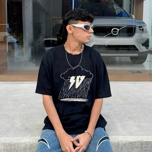 "Style trendy cartoon dark clouds lightning rain print" T-shirt