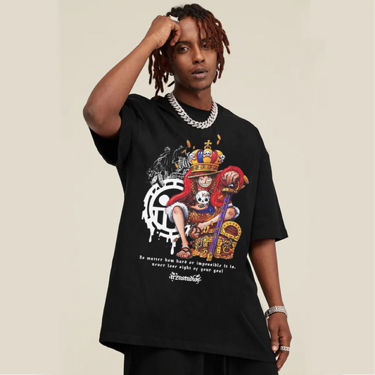 “Cartoon Luffy stepping on the treasure chest trendy print” T-shirt